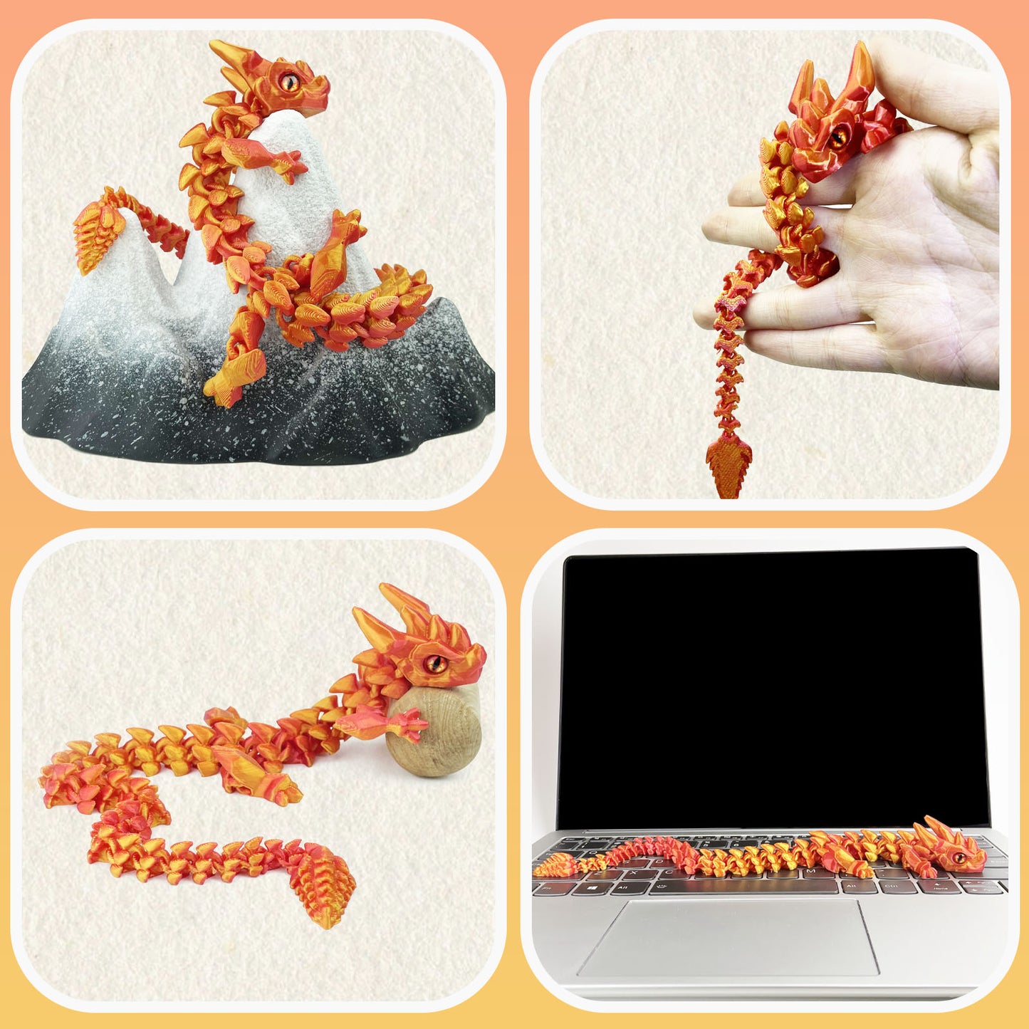 12in Flexible 3D Printed Dragon with Eyes, Articulated Fidget 3D Printed Animals, Stress Relief 3D Printed Toy for Anxiety & ADHD, Unique Home Office Décor
