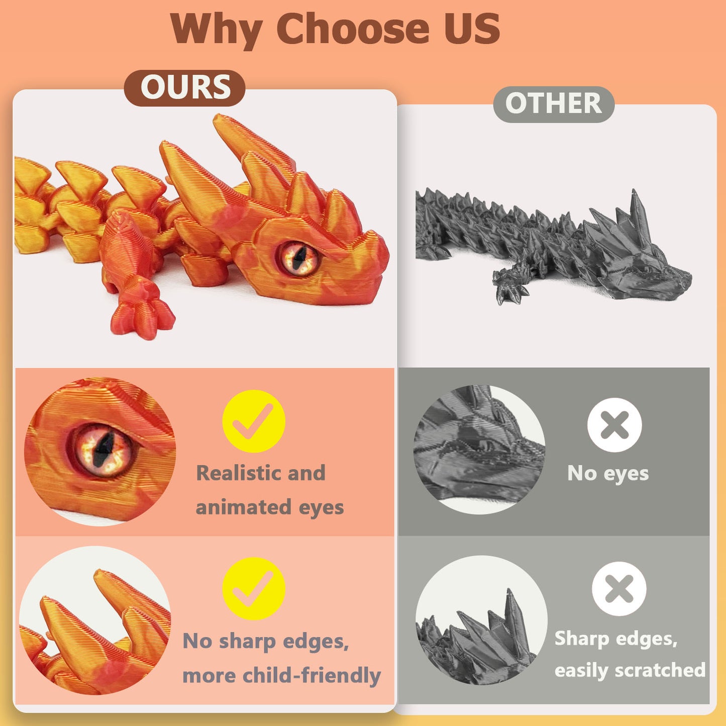 12in Flexible 3D Printed Dragon with Eyes, Articulated Fidget 3D Printed Animals, Stress Relief 3D Printed Toy for Anxiety & ADHD, Unique Home Office Décor