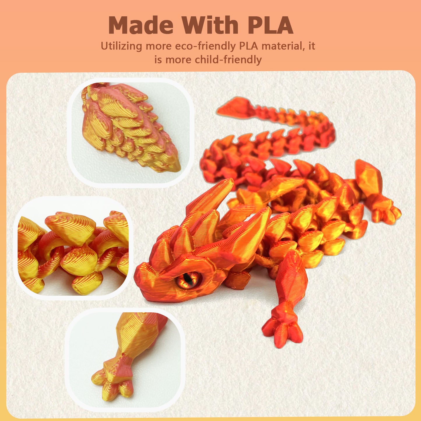 12in Flexible 3D Printed Dragon with Eyes, Articulated Fidget 3D Printed Animals, Stress Relief 3D Printed Toy for Anxiety & ADHD, Unique Home Office Décor